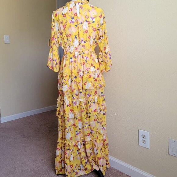 Yellow multicolored floral maxi tiered ruffle dress - Picture 3 of 4
